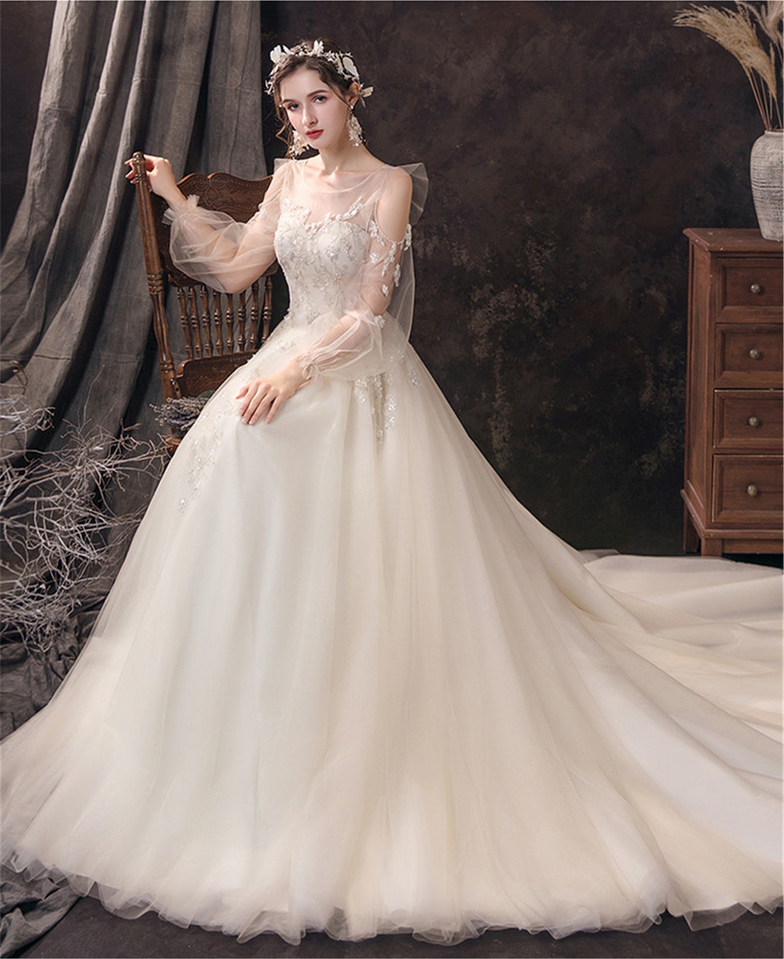 Long Sleeves Wedding Dress Tulle Round Neck Illusion Etsy