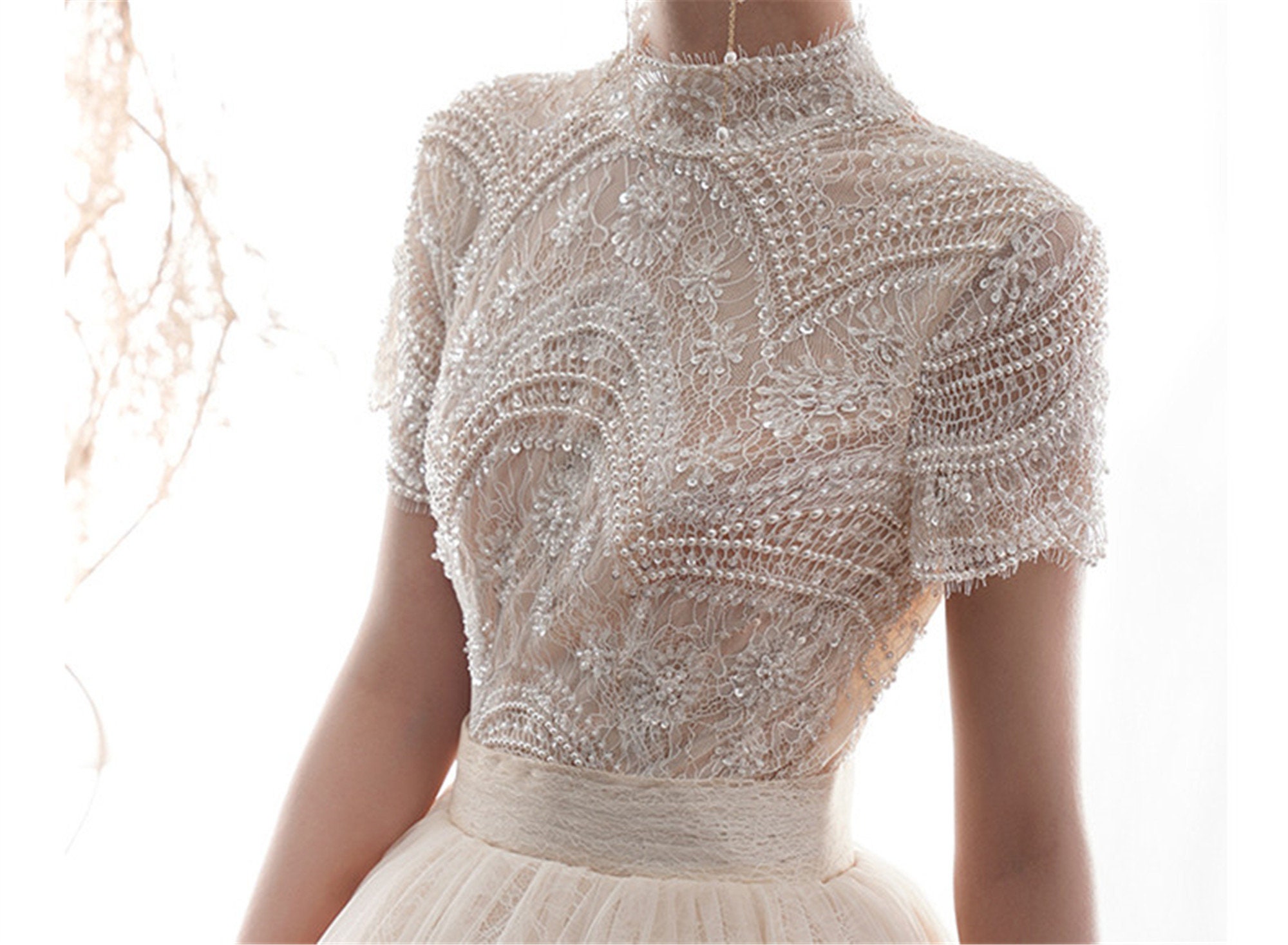Elegant Pearl Beading Wedding Dress Short Sleeves Bridal Dress Etsy