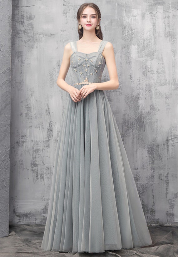 Gray Tulle Prom Dress Flower Beaded 