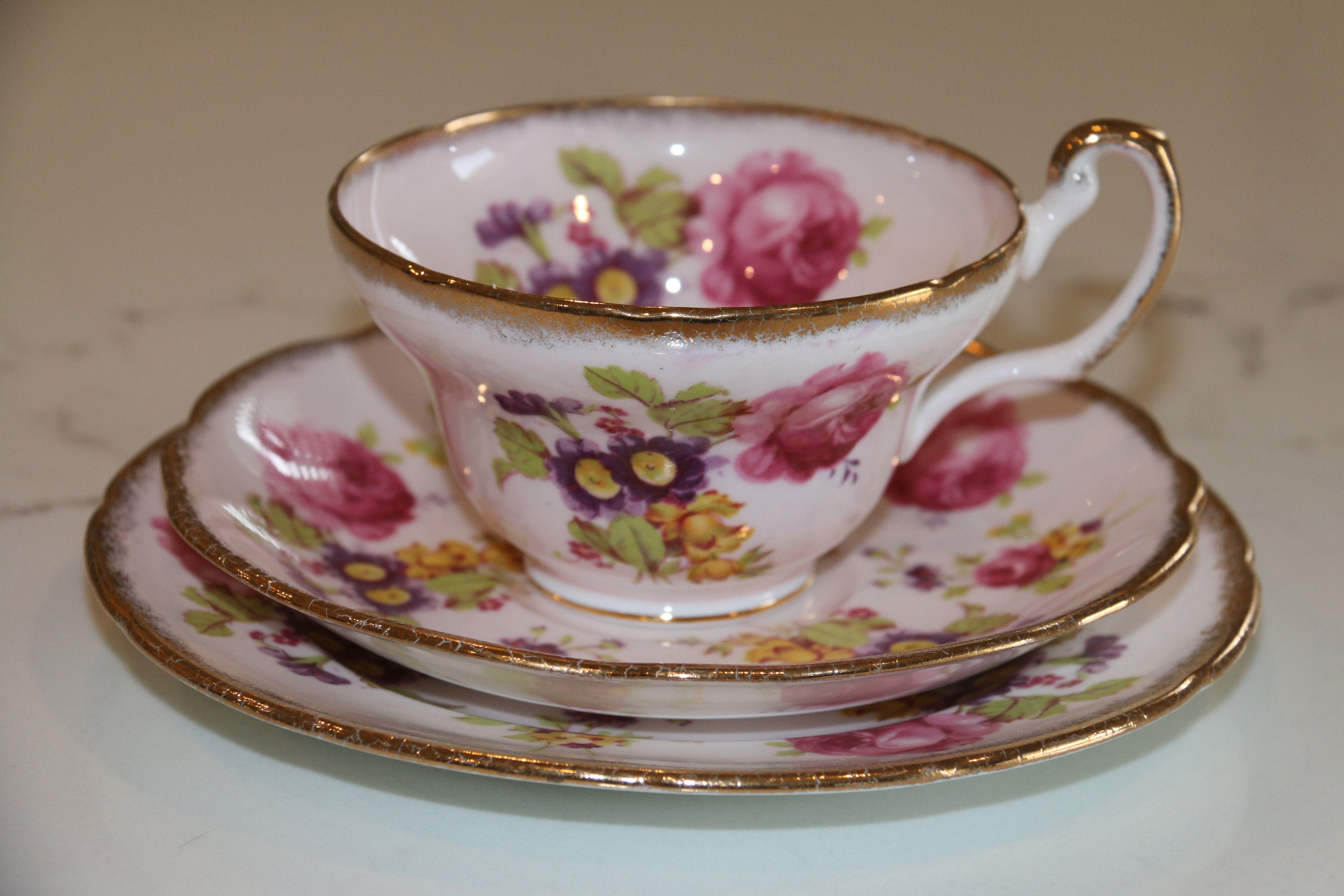 Gorgeous Vintage E B Foley Pink Floral Teacup Trio - 3062 - Pink Cabbage Roses - Brushed Gold Accents - High/Afternoon Tea - Gift