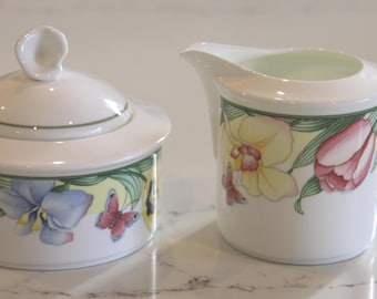 Vintage Villeroy & Boch Canari Creamer and Sugar Bowl - Pastel Tulips, Butterflies