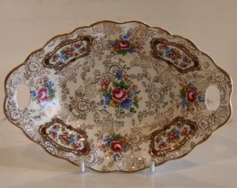 Pretty Vintage James Kent Longton 'Pompadour' Twin Handled Dish - Floral Gold Chintz - High Tea - Afternoon Tea - Roses - Shabby Chic