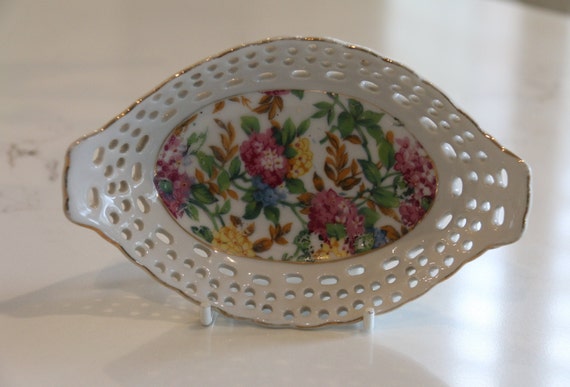 Vintage Oval Pierced Floral Trinket Dishes - Superior Quality - Made in Japan - Quaint - Shabby Chic