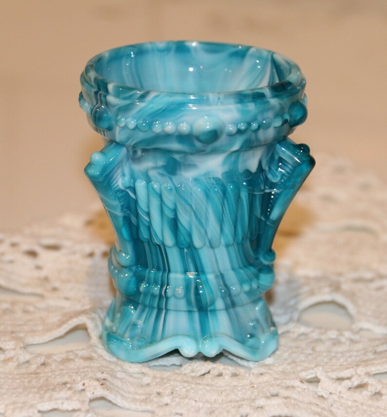 Vintage Turquoise Coloured Slag Glass Spill Vase Etsy