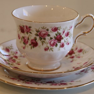 Pretty Vintage Queen Anne &#39;Cascade Roses&#39; Teacup Trio Set -  High Tea - Tea Party - Cottage, Country Kitchen - Bridal Shower