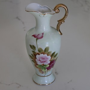 Stunning Floral Hand Painted Floral Ewer Jug - Lovely Greens - Pink & Red Roses -  Gilding - Excellent Condition - So Pretty