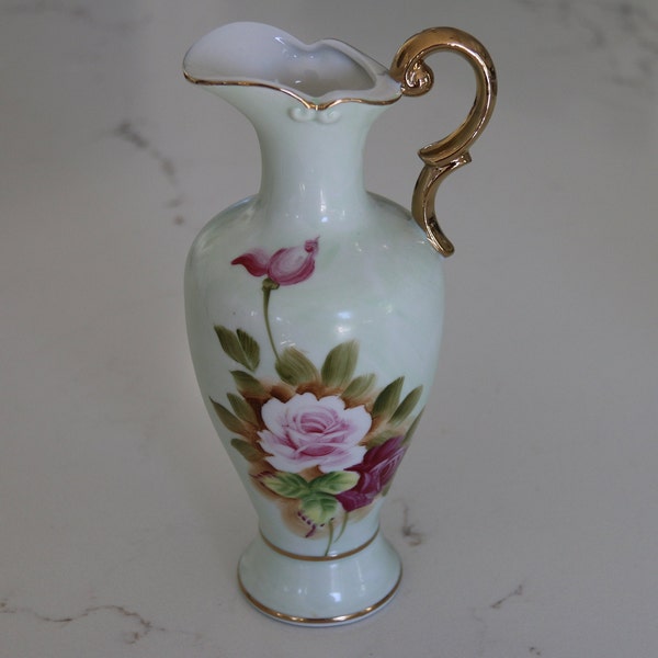 Stunning Floral Hand Painted Floral Ewer Jug - Lovely Greens - Pink & Red Roses -  Gilding - Excellent Condition - So Pretty