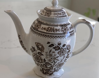 Vintage Wood & Sons Dorset Brown and Cream Large Coffee Pot - Scalloped, 1950s , Floral Bands