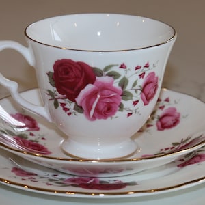 Vintage Queen Anne Rose Teacup Trio Set - Gorgeous Pink & Red Roses - Pattern 8627 - High Tea - Tea Party - Bridal Shower - Gift - So Lovely