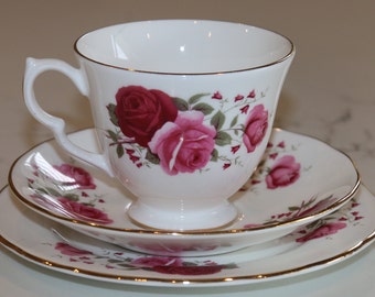 Vintage Queen Anne Rose Teacup Trio Set - Gorgeous Pink & Red Roses - Pattern 8627 - High Tea - Tea Party - Bridal Shower - Gift - So Lovely