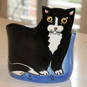 May include: A ceramic cat planter in black and white with blue and green floral details. The cat is sitting with its head turned to the side and has yellow eyes.