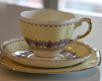Pretty Vintage Tuscan Plant Floral Teacup Trio Set - Lemon and White, Purple & White Daisies - Hand Painted - High Tea, Afternoon Tea- 1940s