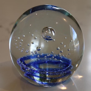 Vintage Art Glass Paperweight: Round Cobalt Blue Galaxy Bubble Desk Decor