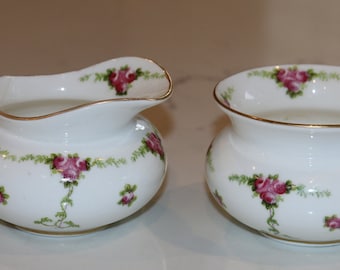 Vintage George Jones & Sons Bone China Creamer/Milk Jug and Sugar Bowl - Pretty Pink Roses - Swags - High Tea, Afternoon Tea - Shabby Chic