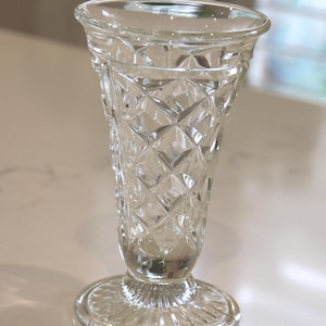 Pretty Vintage Clear Pressed Glass Art Deco Trumpet Flower Vase - Diamond Pattern - Table, Mantle Display - Flowers Shabby Chic - Gift
