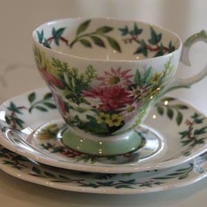 Vintage Queen Anne &#39;Royal Academy&#39; Teacup Trio - Gorgeous Florals - Signed Fedden, Afternoon Tea - Cottage, Country Decor - Gift