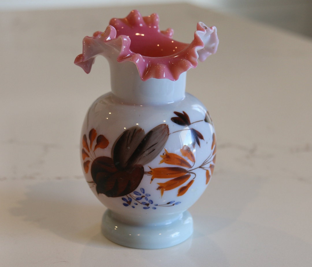 Vintage Hand Painted Milk Glass Vase Pink Ruffled Etsy