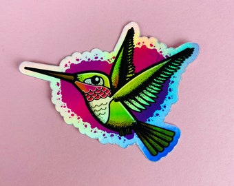Holographic Tattoo sailor jerry hummingbird 3” sticker Laptop Planner Hydroflask Water Bottle water resistant