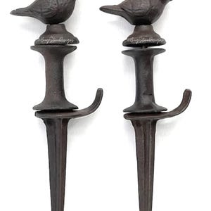 May include: Two dark brown metal garden stakes, each topped with a bird figurine. The stakes have a hook and a pointed end for easy ground insertion. The birds are perched atop a decorative base.