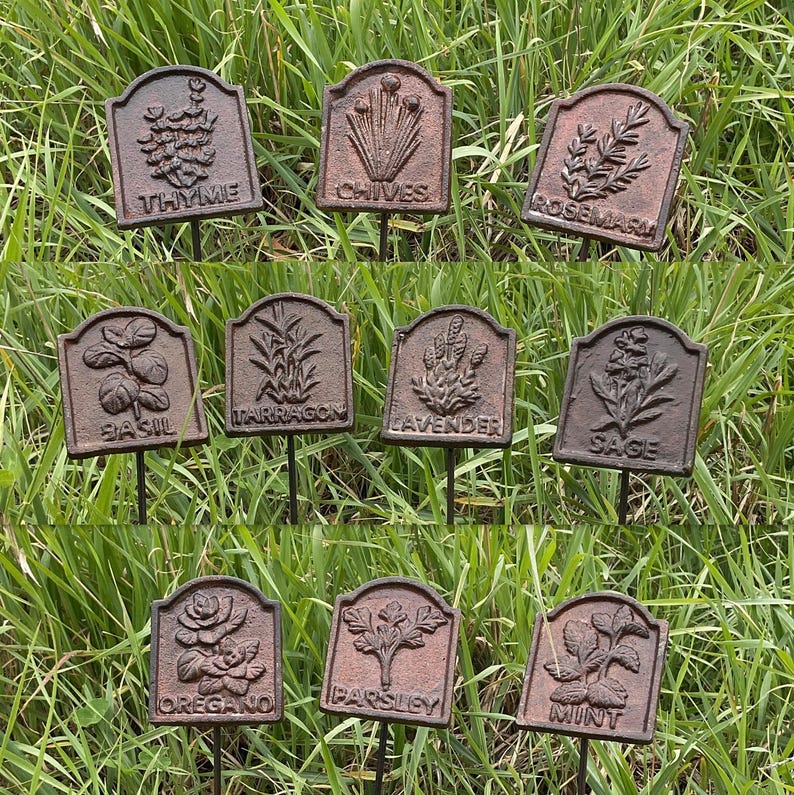 May include: A set of cast iron herb garden markers, each with a different herb name and illustration. The brown markers are placed in grass. Herbs include thyme, chives, rosemary, basil, tarragon, lavender, sage, oregano, parsley, and mint.