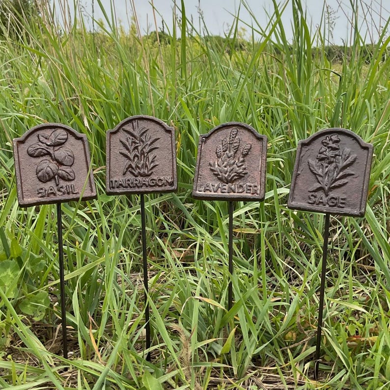 May include: Four weathered metal garden markers with plant illustrations and names: Basil, Tarragon, Lavender, and Sage. The markers are brown with black stems, set in a grassy outdoor environment.