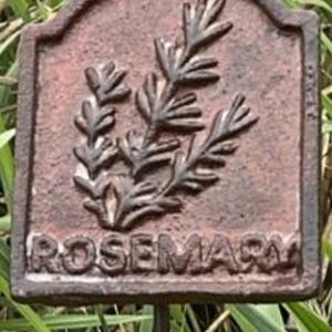 May include: A rectangular, weathered garden marker with the word "ROSEMARY" embossed at the bottom. The marker features a raised illustration of rosemary sprigs. The marker is brown and is set in a garden.