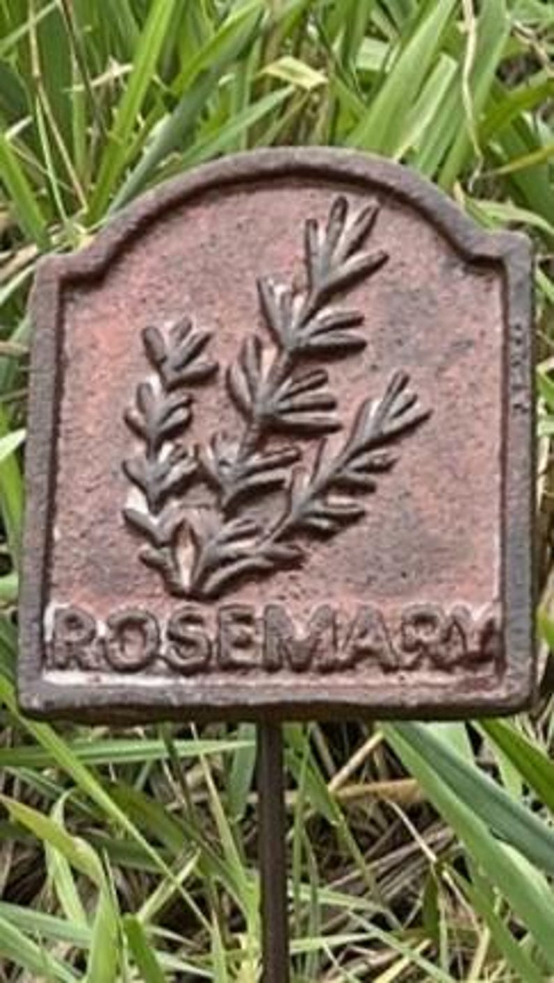 May include: A rectangular, weathered garden marker with the word "ROSEMARY" embossed at the bottom. The marker features a raised illustration of rosemary sprigs. The marker is brown and is set in a garden.