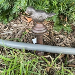 May include: A bronze-colored bird finial atop a decorative rod. The bird is perched on a dark brown base, with a detailed feather design. The rod is a light gray color, and the background features green grass and brown mulch.
