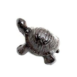 May include: A small, dark brown cast iron turtle figurine. The turtle has a textured shell and visible legs and head. The figurine is a decorative item, likely for home decor or a garden.