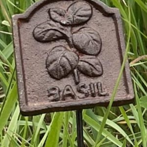 May include: A weathered, brown metal garden marker with the word "BASIL" embossed at the bottom. The marker features a raised illustration of basil leaves and is set on a thin, dark metal stake, perfect for herb gardens.