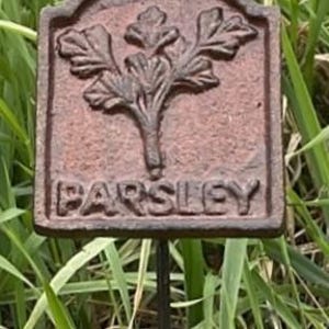 May include: A rectangular garden marker with a parsley illustration and the word "PARSLEY" in embossed lettering. The brown metal sign is mounted on a black stake, set against green grass. Ideal for marking herb gardens.