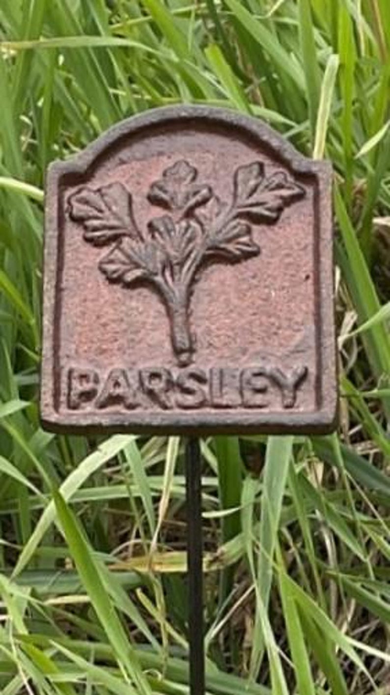 May include: A rectangular garden marker with a parsley illustration and the word "PARSLEY" in embossed lettering. The brown metal sign is mounted on a black stake, set against green grass. Ideal for marking herb gardens.