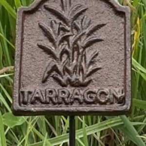 May include: A rectangular metal garden marker with a curved top, showing signs of weathering. It features an embossed illustration of tarragon plants and the word "TARRAGON". The marker is mounted on a thin, dark metal stake, set amongst greenery.