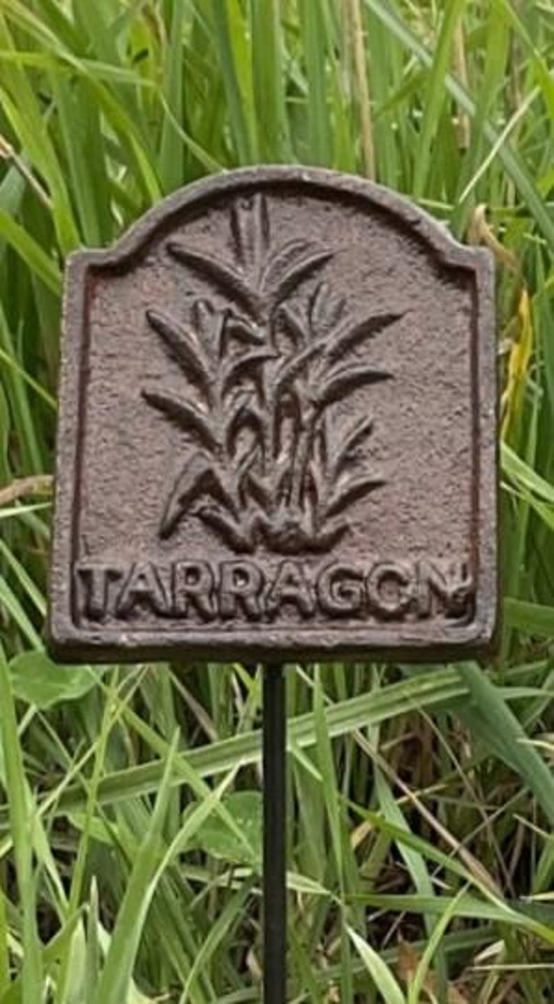 May include: A rectangular metal garden marker with a curved top, showing signs of weathering. It features an embossed illustration of tarragon plants and the word "TARRAGON". The marker is mounted on a thin, dark metal stake, set amongst greenery.
