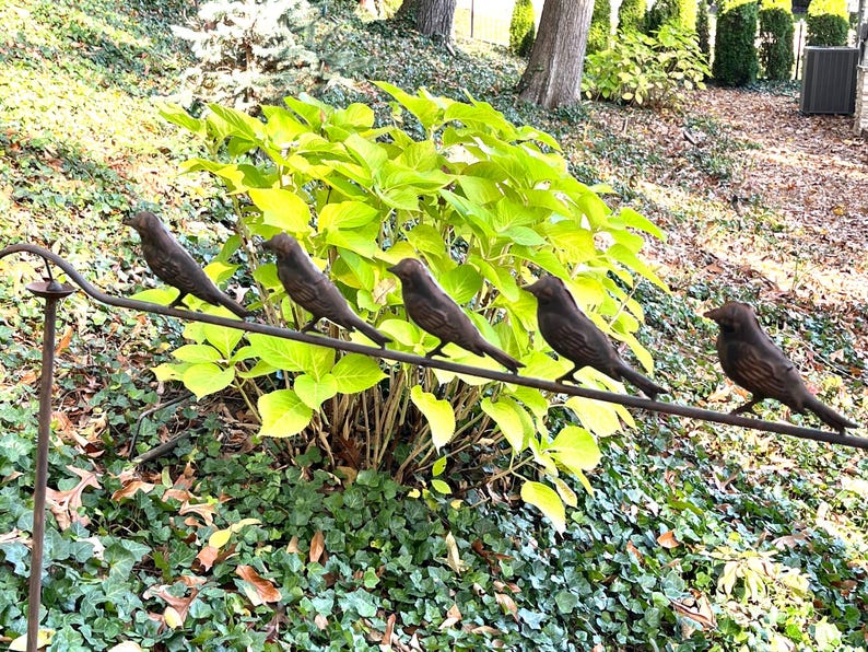 Pu&ograve; includere: Cinque sculture di uccelli color bronzo appollaiate su un filo metallico, sullo sfondo di un vivace fogliame verde e di un ambiente naturale all'aperto. Gli uccelli sono distanziati in modo uniforme, creando un elemento decorativo per il giardino.