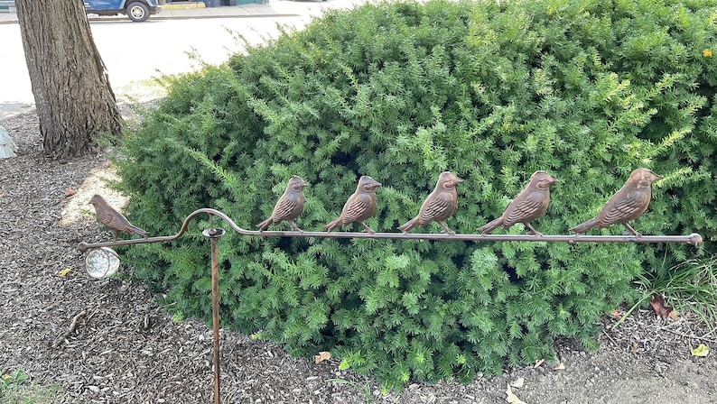 Pu&ograve; includere: Un paletto da giardino decorativo in metallo con sette uccelli marroni appollaiati su un'asta curva. Il paletto ha un globo di vetro trasparente alla base, su uno sfondo di fogliame verde.