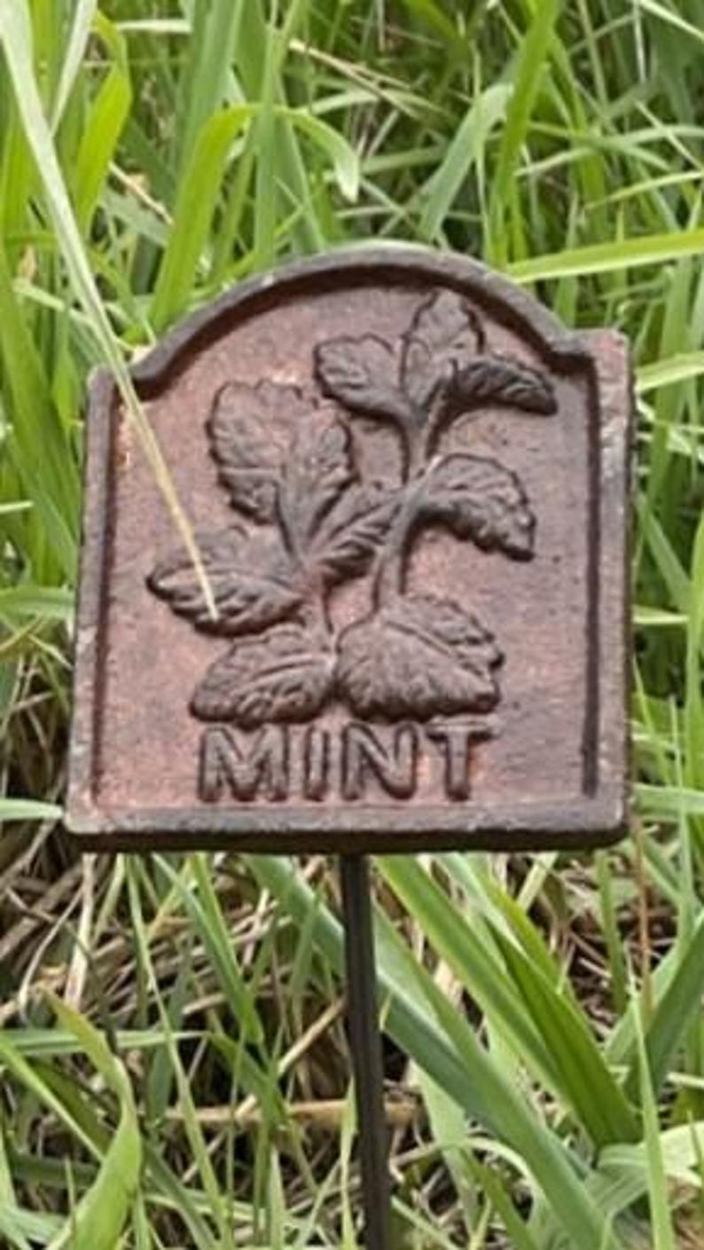 May include: A rectangular, bronze-coloured garden stake with a decorative arched top. The stake features a raised image of mint leaves and the word "MINT" in capital letters. The stake is set in a bed of green grass.