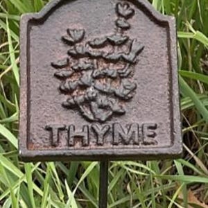 May include: A dark brown metal garden marker, rectangular in shape, with the word "THYME" and a thyme plant illustration. The marker is set in green grass. The marker is likely made of cast iron.