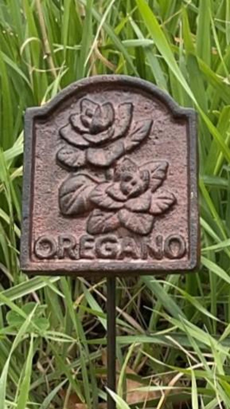 May include: A rectangular, weathered metal garden marker, featuring a floral design and the word "OREGANO". The dark, reddish-brown marker is mounted on a thin metal stake. Ideal for marking oregano plants in a garden, it is a decorative addition.