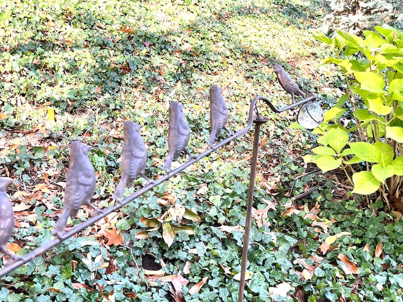 Pu&ograve; includere: Decorazione da giardino in metallo con figurine di uccelli. Gli uccelli sono di colore bronzo e sono appollaiati su una barra orizzontale. L'ornamento &egrave; ambientato su uno sfondo di fogliame verde e edera.