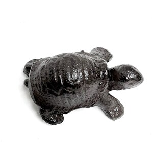 May include: A dark brown cast iron turtle ornament. The turtle has a textured shell and visible legs and head. The ornament is a decorative item, suitable for home decor or as a paperweight.