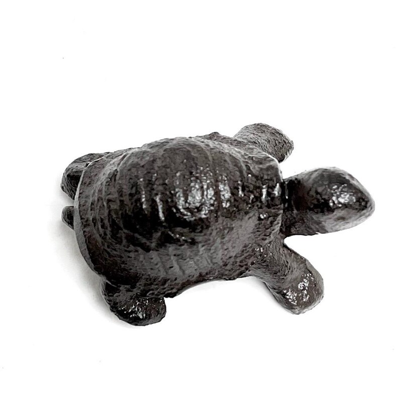 May include: A dark brown cast iron turtle ornament. The turtle has a textured shell and visible legs and head. The ornament is a decorative item, suitable for home decor or as a paperweight.