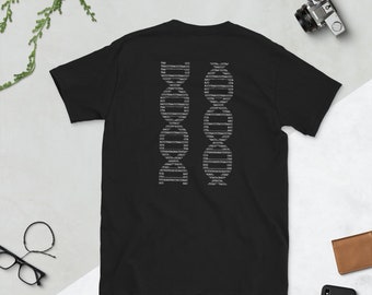 Genoomsequentie wetenschap T-shirt. Terug afdrukken. STEMVECTOREN x PHAS3. Wetenschapscadeau, lerarenkleding. Biologie shirt, zwart shirt, DNA-sequentie.