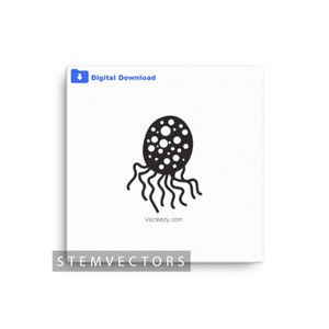 Könnte beinhalten: Schwarz-weiße Illustration einer quallenartigen Kreatur mit einem gepunkteten ovalen Körper und wellenförmigen Tentakeln. Das Bild enthält den Text "Digital Download" und "Vecteezy.com". Das Wort "STEMVECTORS" ist ebenfalls vorhanden.