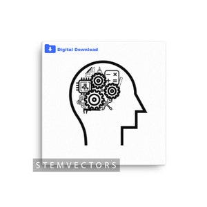 Op de afbeelding: Zwart-wit illustratie van een menselijk hoofd met tandwielen, een printplaat en wiskundige symbolen. De woorden "Digital Download" en "STEMVECTORS" zijn ook zichtbaar.