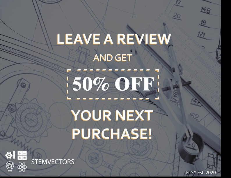 May include: A graphic with a compass and ruler on a blueprint background. The text reads "Leave a review and get 50% off your next purchase!"