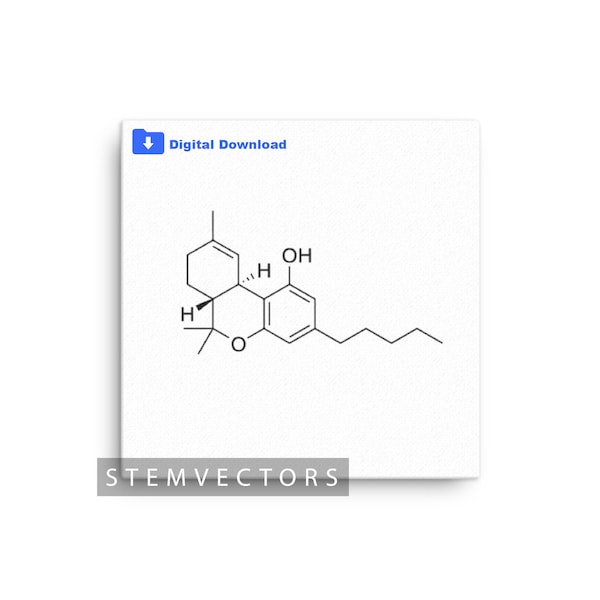 Tetrahydrocannabinol (THC) Structure (Digital Download) Black and White Vector Clipart Drawing/Sketch for Cricut or Print svg, png, jpg, dxf