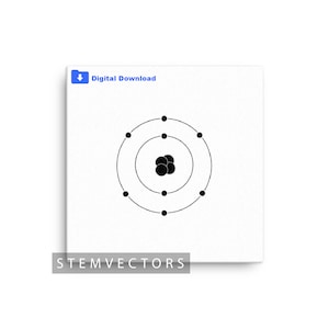 Könnte beinhalten: Eine Schwarzweißillustration eines Atoms mit einem Kern und drei Elektronenschalen. Der Kern hat vier schwarze Punkte und die Schalen haben insgesamt acht schwarze Punkte.