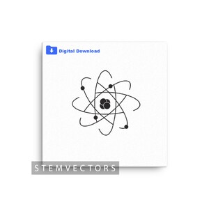 May include: Black and white illustration of an atom with a nucleus and orbiting electrons. STEM education graphic.