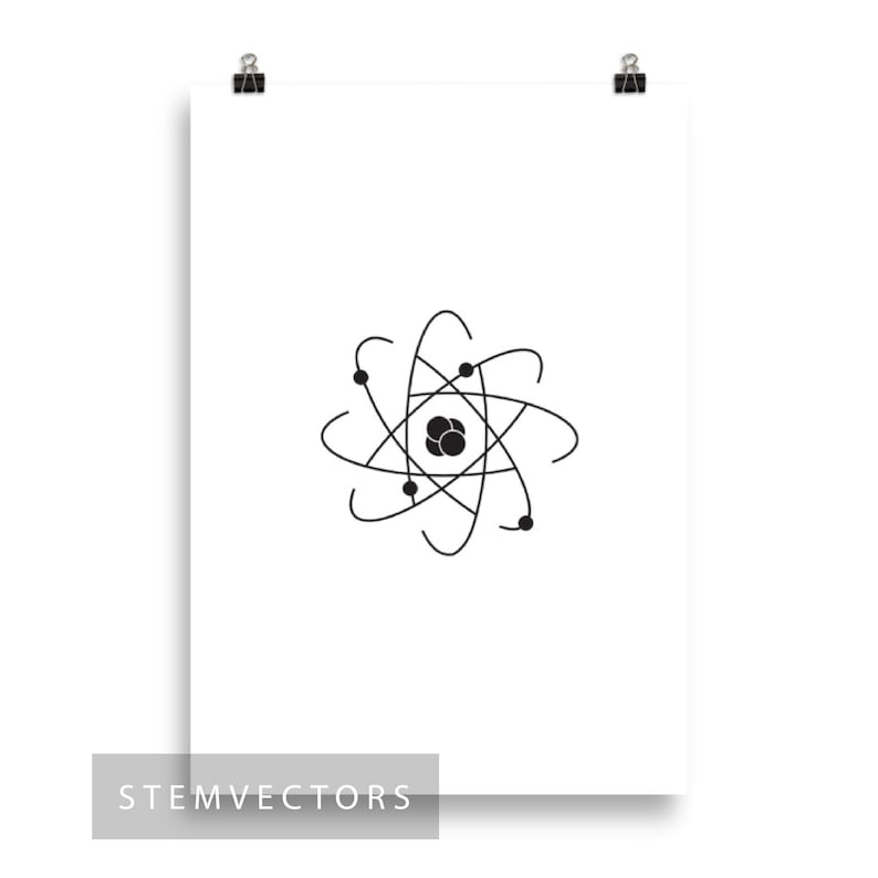 May include: A black and white illustration of an atom with a nucleus and orbiting electrons. The atom is a simple, minimalist design.